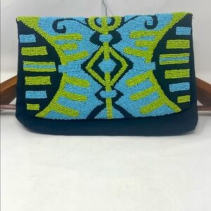 K.C. Malhan Black, Green & Blue Beaded Handbag Clutch Excellent Condition